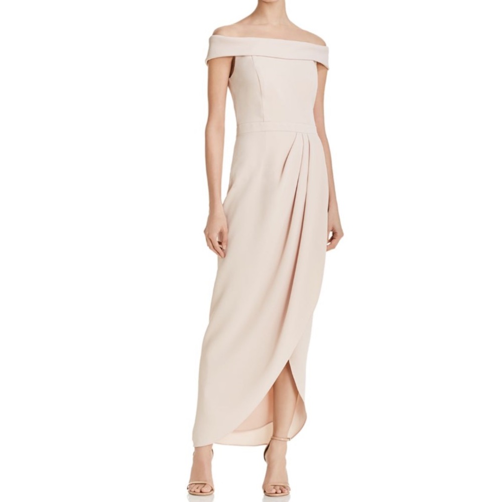 AQUA Off-the-shoulder Draped Crepe Gown